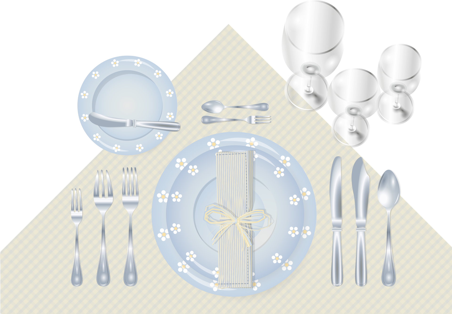 Setting of plates, forks, knives, and glasses