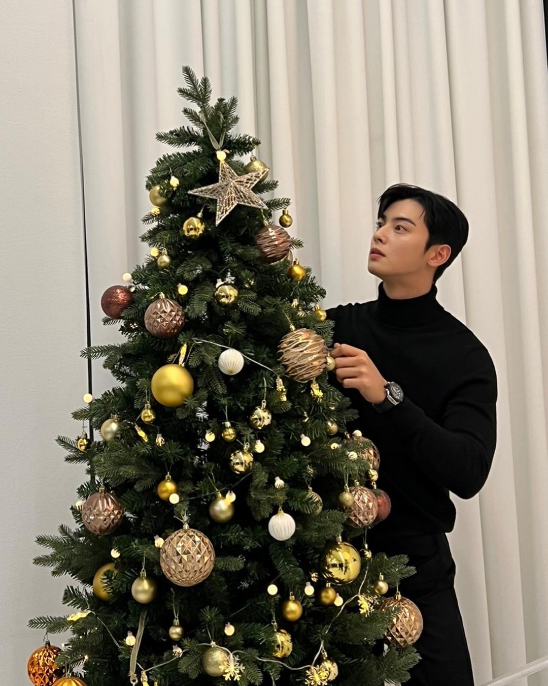 Cha Eun Woo in black dress with a christmas tree