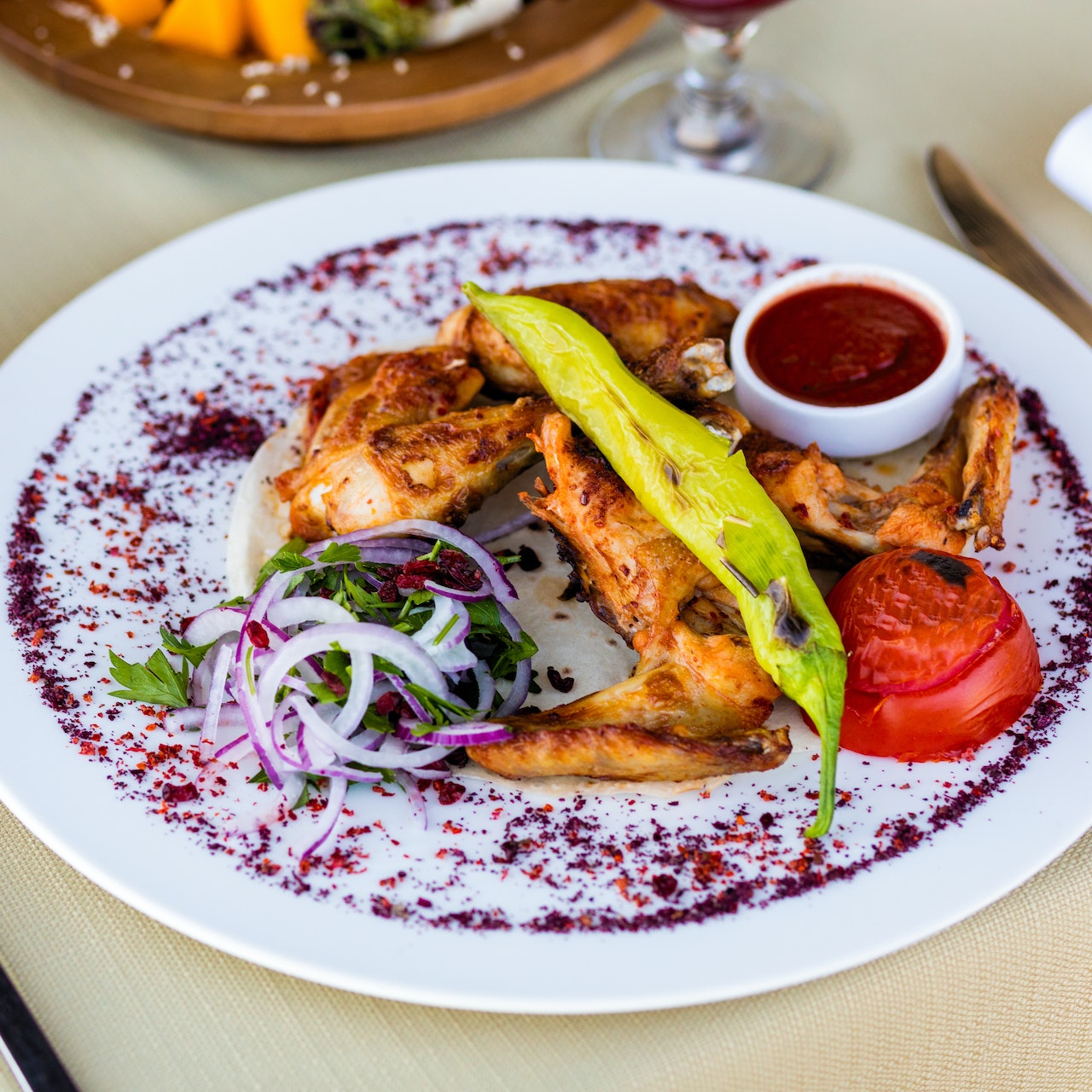 Chicken Barbecue Served With Pepper on White Ceramic Plate 