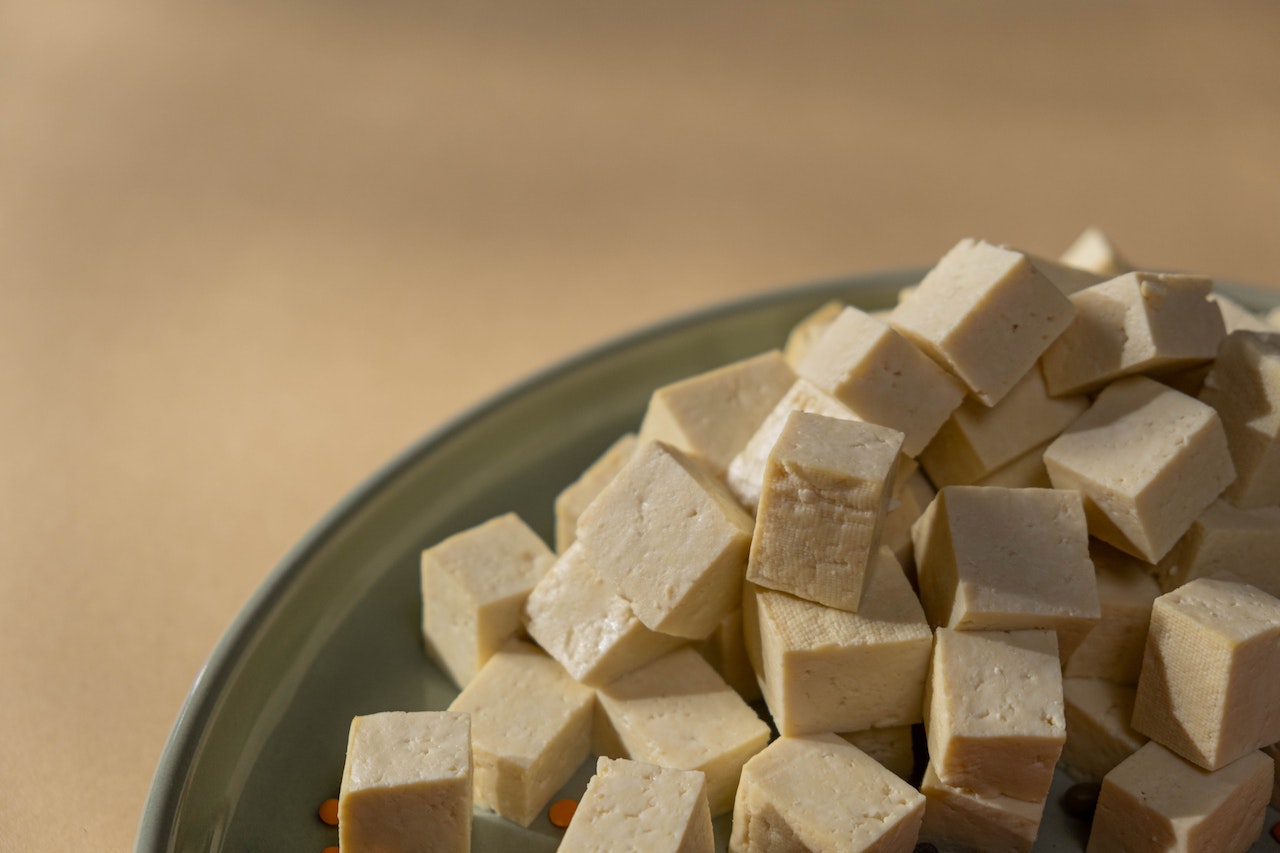 Tofu Sliced in Cubes on Plate
